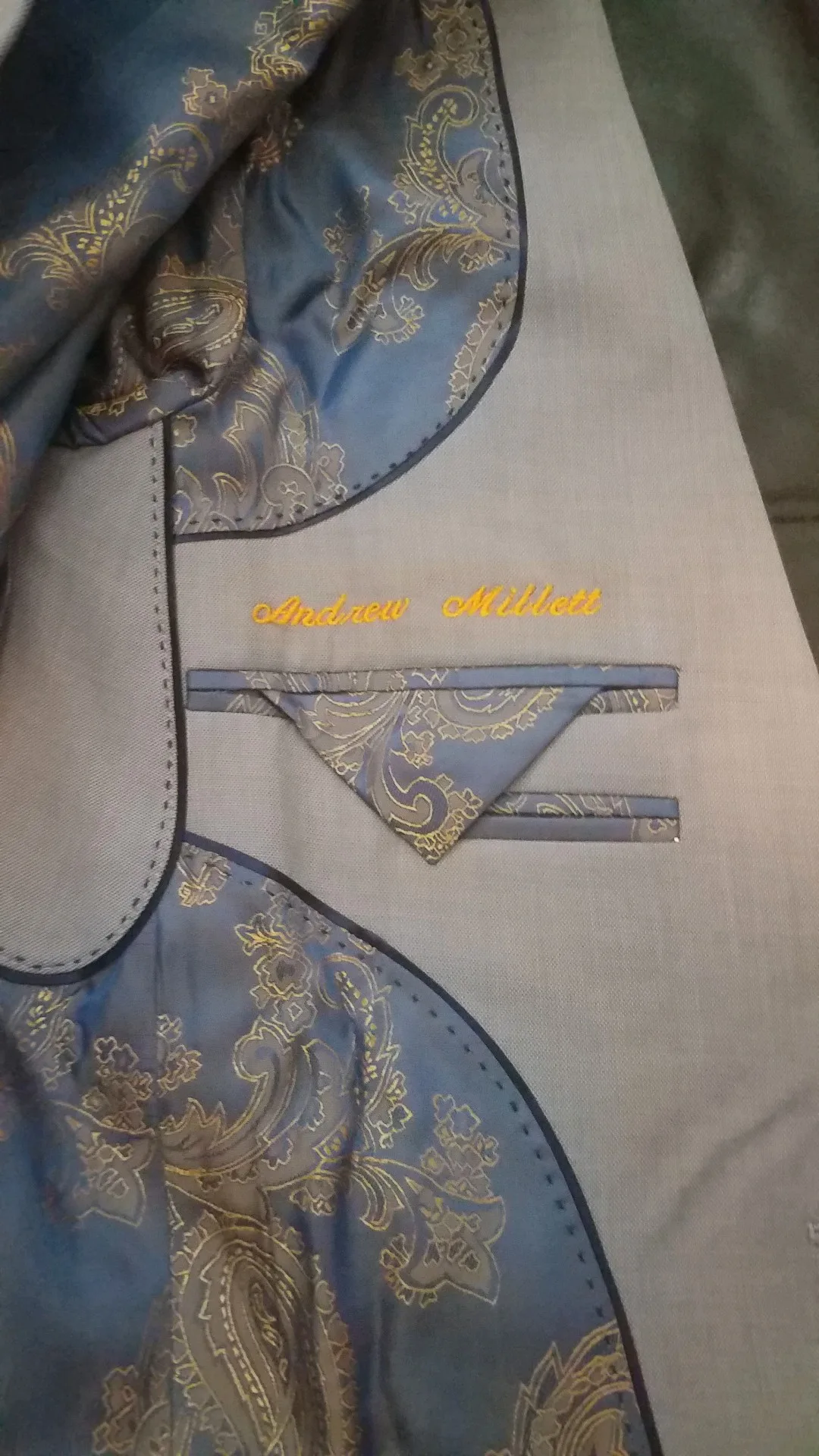 Meticulously crafted custom suit with personalized monogram, demonstrating the bespoke finishing touches at esatto Custom Clothing in Layton, Utah